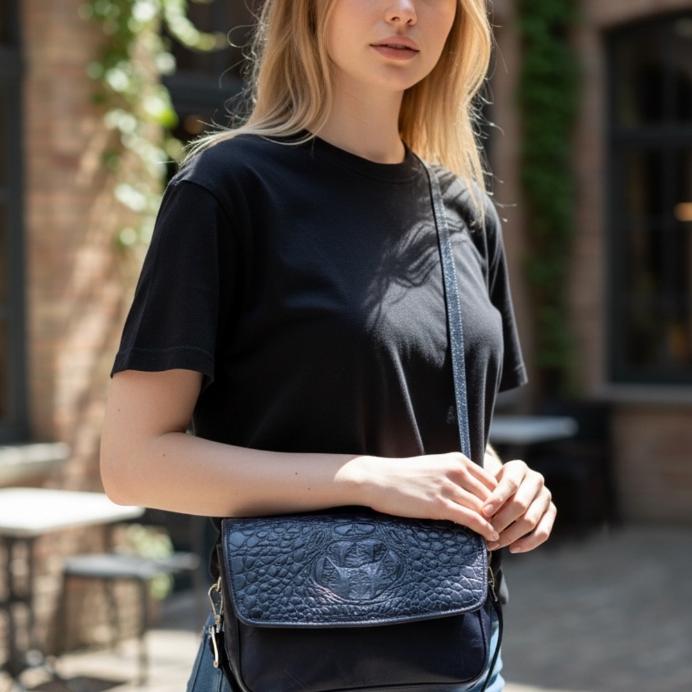 Portofino Collection Black Genuine Leather Croc-Embossed Crossbody Bag - Picture 14 of 16